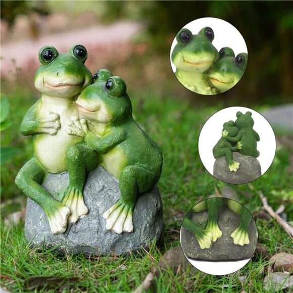 St. Patricks Day Frog Statue Garden Decor, Resin 2 Frogs on Stone Figurine - Picture 5 of 7